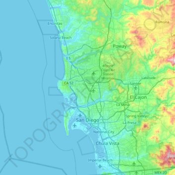 Topografische kaart San Diego, hoogte, reliëf