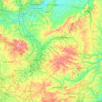 Topografische kaart Leicestershire, hoogte, reliëf