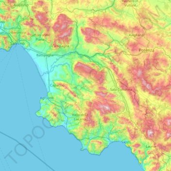 Topografische kaart Salerno, hoogte, reliëf