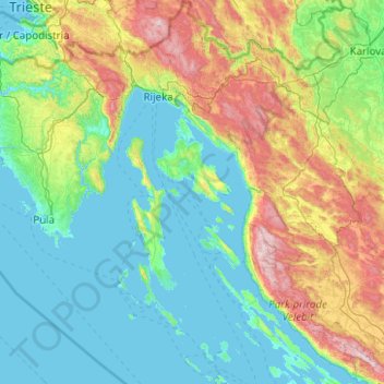 Topografische kaart Primorje-Gorski Kotar County, hoogte, reliëf