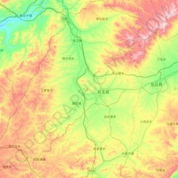 Topografische kaart Youyu County, hoogte, reliëf