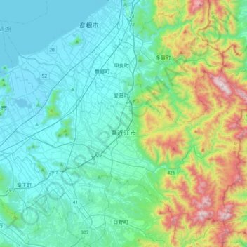 Topografische kaart Higashiomi, hoogte, reliëf