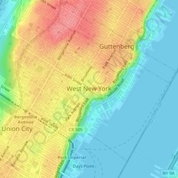 Topografische kaart West New York, hoogte, reliëf