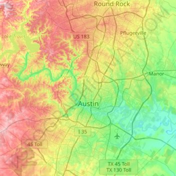 Topografische kaart Austin, hoogte, reliëf
