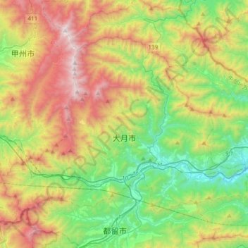 Topografische kaart Otsuki, hoogte, reliëf