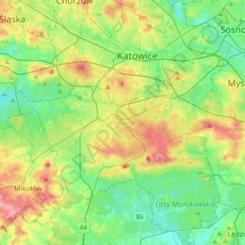 Topografische kaart Katowice, hoogte, reliëf