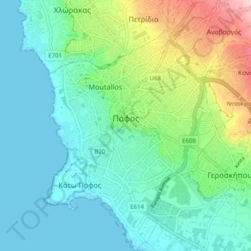 Topografische kaart Δήμος Πάφου, hoogte, reliëf