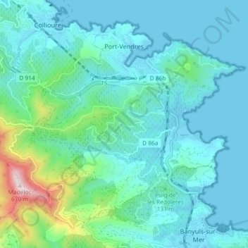 Topografische kaart Port-Vendres, hoogte, reliëf