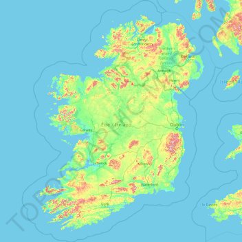 Topografische kaart Ierland, hoogte, reliëf