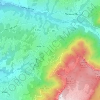 Topografische kaart Aviernoz, hoogte, reliëf