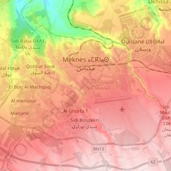 Topografische kaart Meknes, hoogte, reliëf