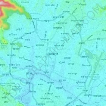Topografische kaart Kathmandu, hoogte, reliëf