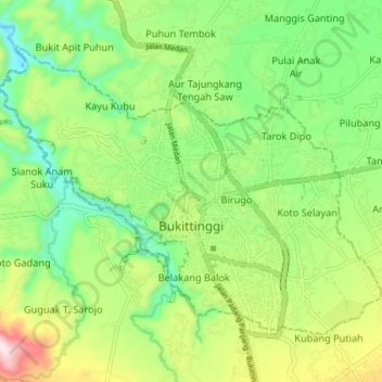 Topografische kaart Bukittinggi, hoogte, reliëf