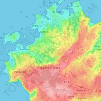 Topografische kaart Pleumeur-Bodou, hoogte, reliëf