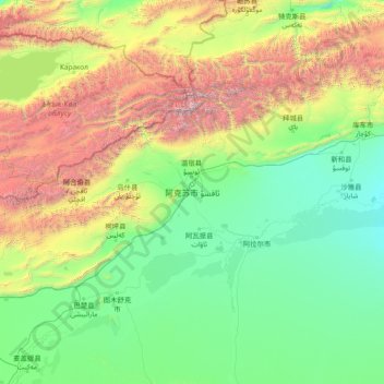 Topografische kaart ئاقسۇ ۋىلايىتى‎ - 阿克苏地区‎, hoogte, reliëf