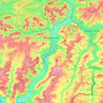 Topografische kaart Blieskastel, hoogte, reliëf