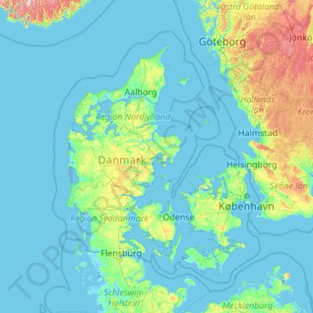Topografische kaart Denemarken, hoogte, reliëf
