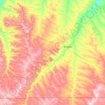 Topografische kaart Powder River County, hoogte, reliëf