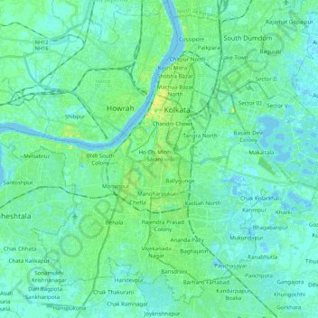 Topografische kaart Kolkata, hoogte, reliëf