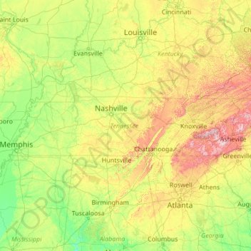 Topografische kaart Tennessee, hoogte, reliëf