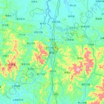 Topografische kaart Xin County, hoogte, reliëf