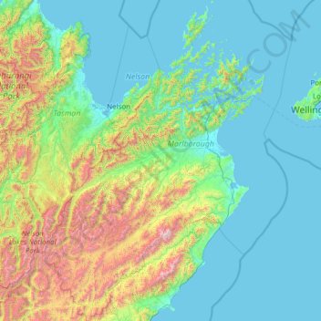 Topografische kaart Marlborough District, hoogte, reliëf