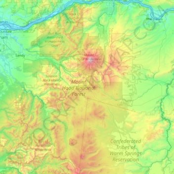 Topografische kaart Mount Hood National Forest, hoogte, reliëf
