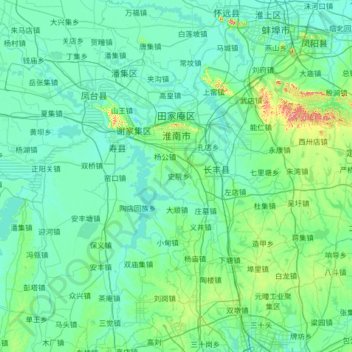 Topografische kaart Huainan City, hoogte, reliëf