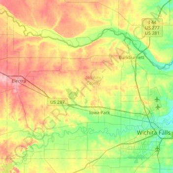 Topografische kaart Wichita County, hoogte, reliëf