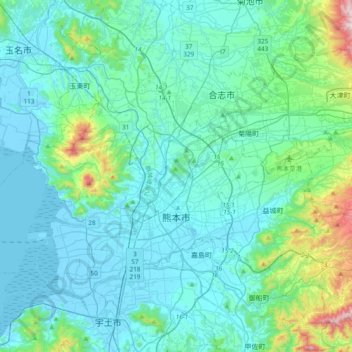 Topografische kaart 熊本市, hoogte, reliëf