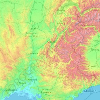 Topografische kaart Le Rhône, hoogte, reliëf