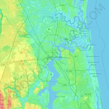 Topografische kaart Jacksonville, hoogte, reliëf