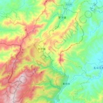 Topografische kaart Jinggang Mountains Nature Reserve, hoogte, reliëf