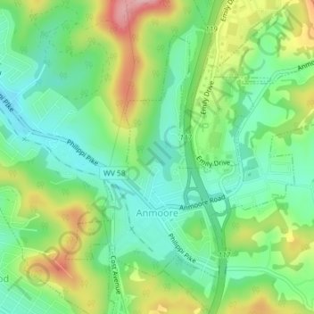 Topografische kaart Anmoore, hoogte, reliëf