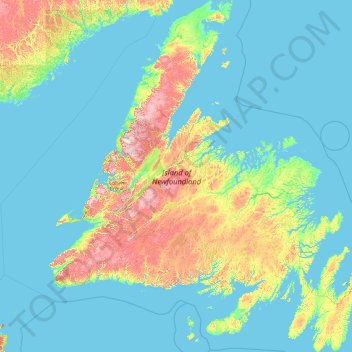 Topografische kaart Island of Newfoundland, hoogte, reliëf