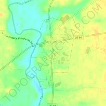 Topografische kaart Fayetteville, hoogte, reliëf