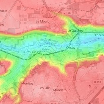 Topografische kaart Orsay, hoogte, reliëf