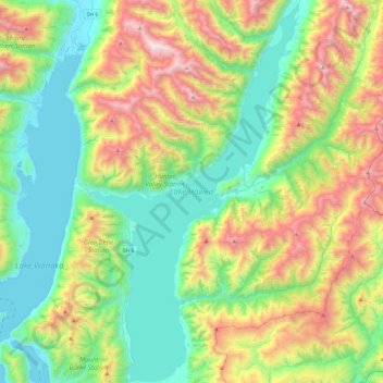 Topografische kaart Lake Hāwea, hoogte, reliëf