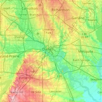 Topografische kaart Dallas County, hoogte, reliëf