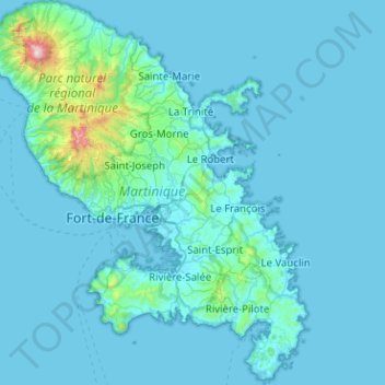 Topografische kaart Martinica, hoogte, reliëf