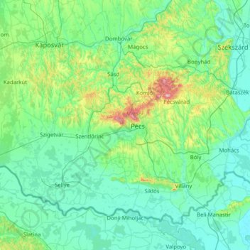 Topografische kaart Baranya vármegye, hoogte, reliëf