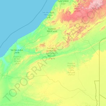 Topografische kaart Guelmim-Oued Noun ⵜⴰⵙⴳⴰ-ⵡⴰⴷ ⵏⵓⵏ كلميم وادي نون, hoogte, reliëf