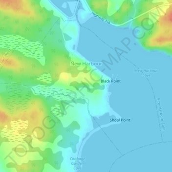 Topografische kaart New Harbour, hoogte, reliëf
