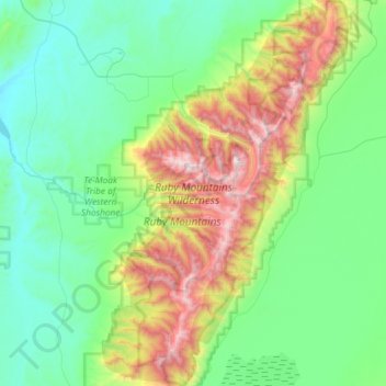 Topografische kaart Ruby Mountains Wilderness Area, hoogte, reliëf