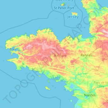 Topografische kaart Bretagne, hoogte, reliëf