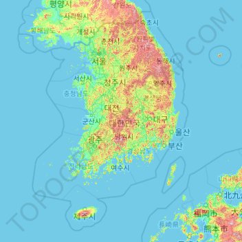 Topografische kaart Zuid-Korea, hoogte, reliëf