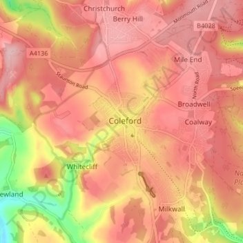 Topografische kaart Coleford, hoogte, reliëf