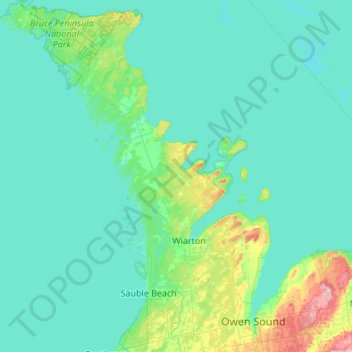 Topografische kaart Bruce Peninsula, hoogte, reliëf