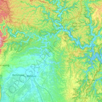 Topografische kaart Hawkesbury River, hoogte, reliëf