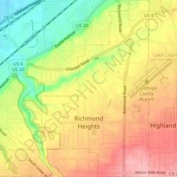 Topografische kaart Richmond Heights, hoogte, reliëf